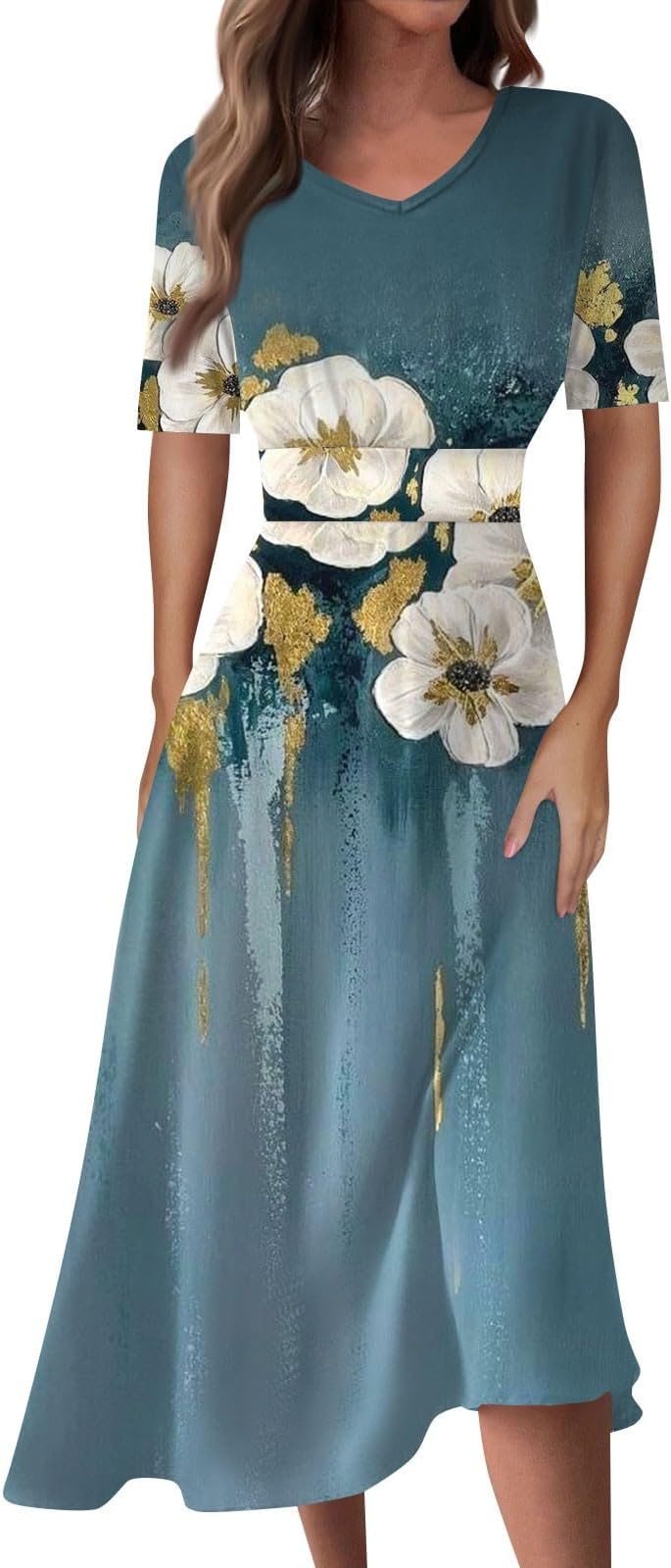 FlekmanArt Dresses for Women 2024 Waist V Neck A-Line Maxi Dresses Print Beach Dress Short Sleeve Comfy Swing Dress