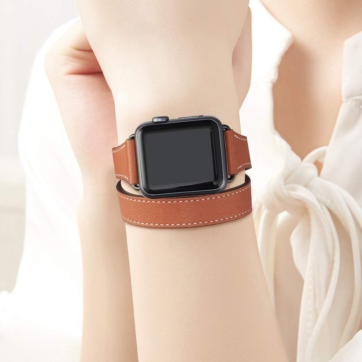 Super Big Clearance! Bestig Band Compatible for Apple Watch 42mm 44mm 45mm, Genuine Leather Double Tour Designed Slim Replacement Strap for iWatch Series 7 6 SE 5 4 3 2 1 (Brown Band+Black Connector)