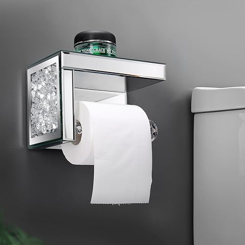 Miniatura 6 de TACIDON Portarrollos de papel higiénico de diamante con estante espejado. Soporte de papel higiénico moderno plateado montado en la pared, soporte