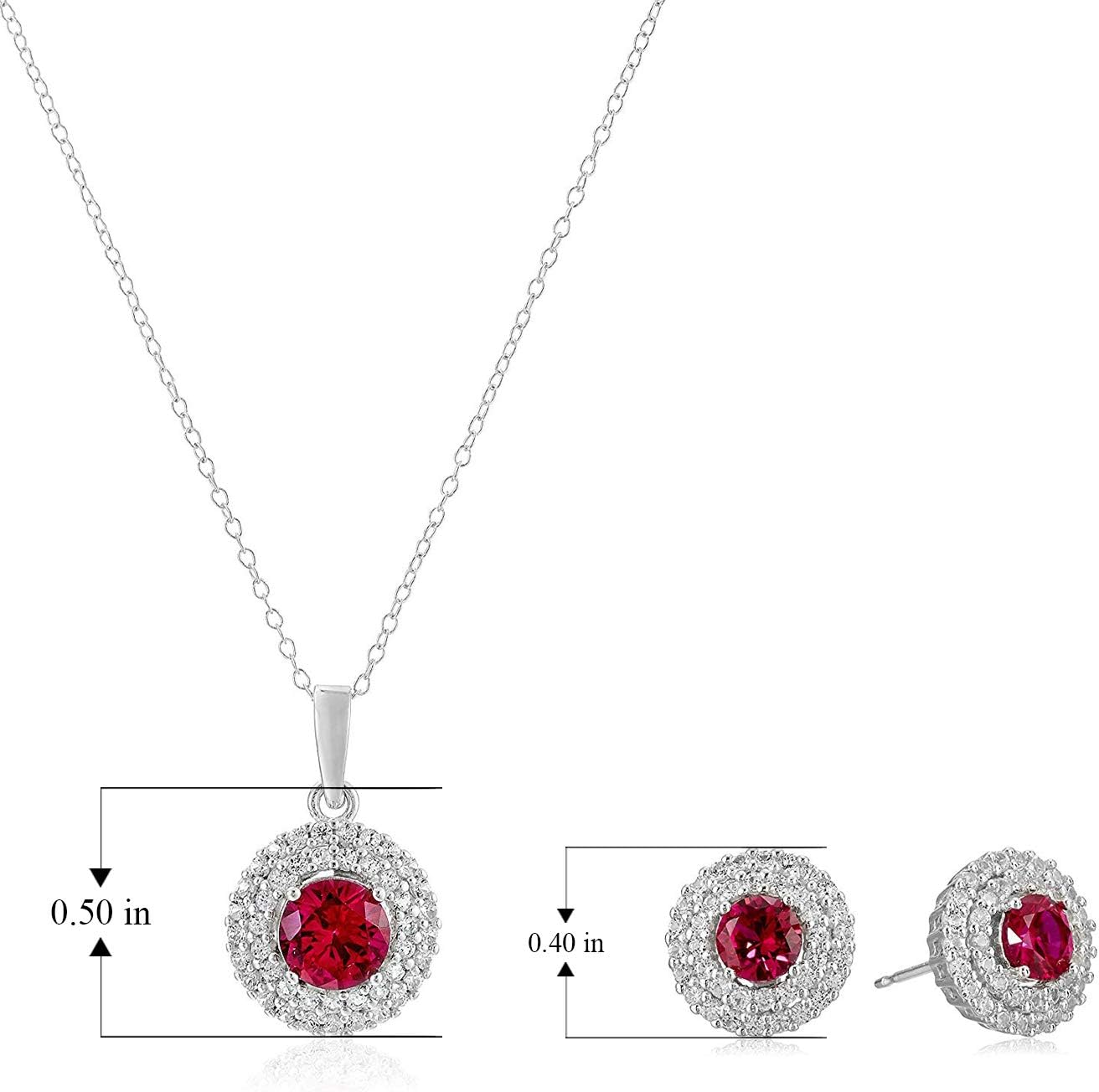 MORGAN & PAIGE .925 Sterling Silver Rhodium Plated Round Gemstone 18" Pendant Necklace and Stud Earrings Set - Hypoallergenic Created White Sapphire Double Halo Styling, Choice of Birthstones