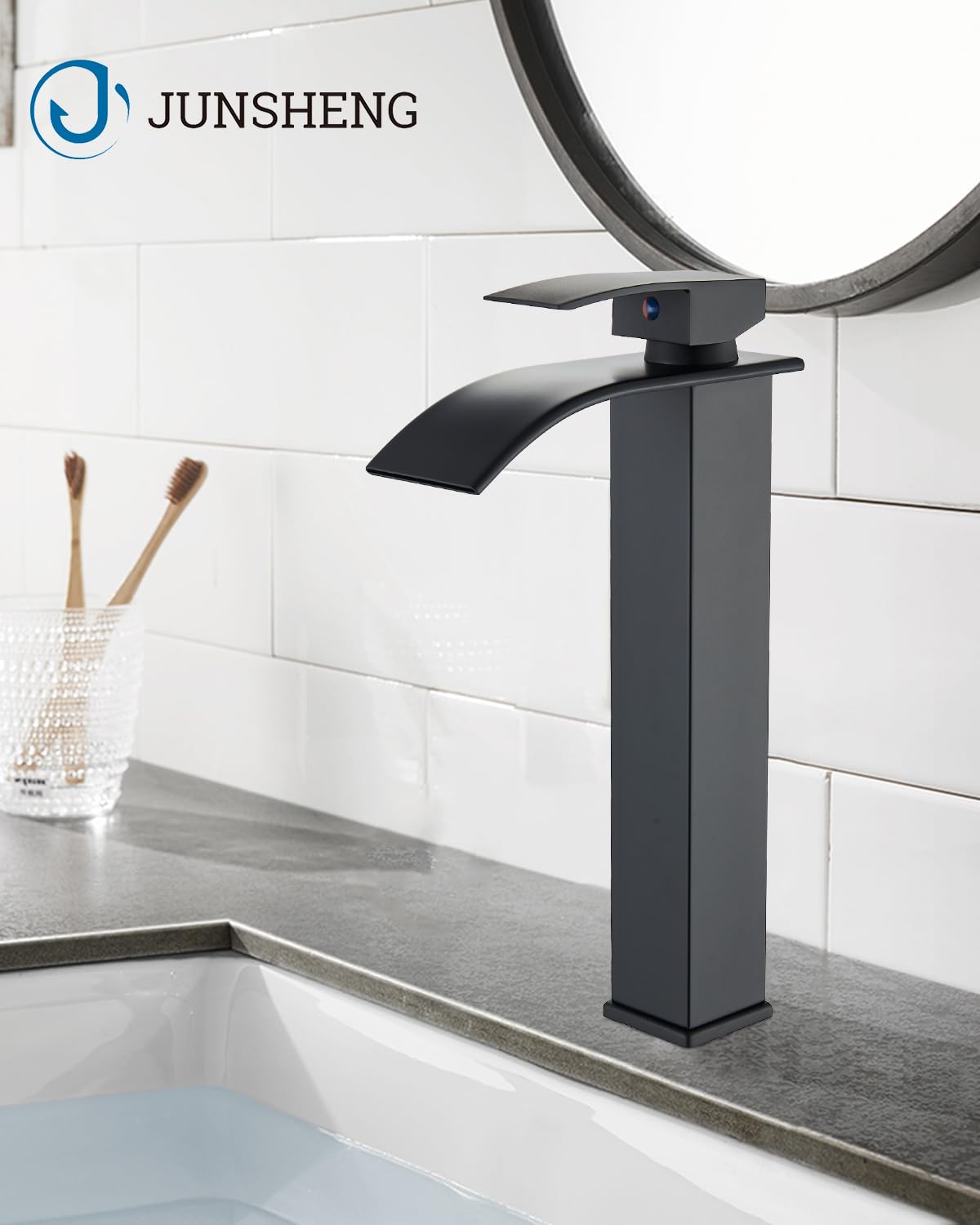 JUNSHENG Miscelatore per Lavabo, Miscelatore per Acqua Calda e Fredda per Bagno, Miscelatore per Lavabo Nero, Miscelatore per Bagno a Una Maniglia