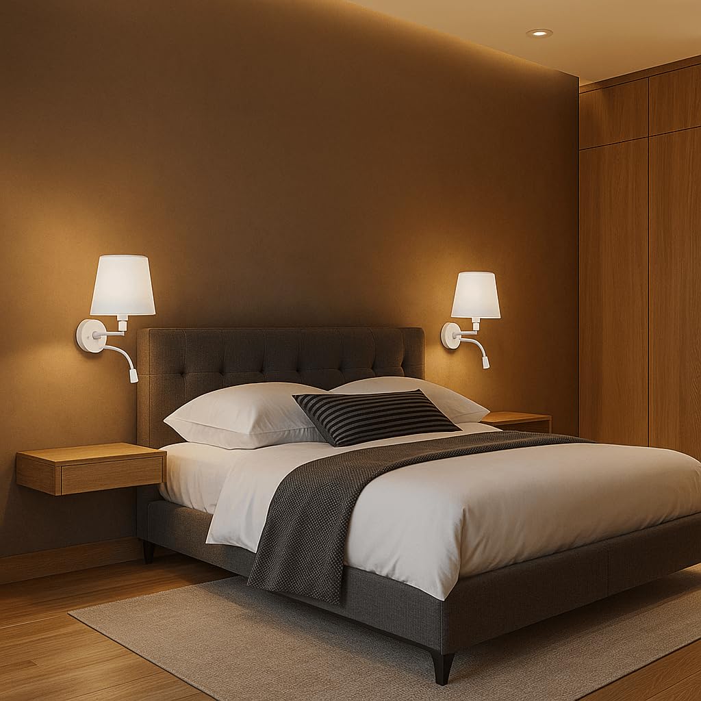 BARCELONA LED Grande Applique Murale LED avec Abat-jour Tissu Blanc et Spot Lecture Flexible 3W Double Lumière E27, Lampe Tête de Lit Chambre, Style Moderne Vintage Industriel Intérieur IP20