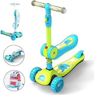 FHKBB 2-In-1 Kids Scooter, Toddler Girls Boys Foldable Kick Scooter with Removable Seat, Adjustable Handle, 3 Wheels LED Light Up