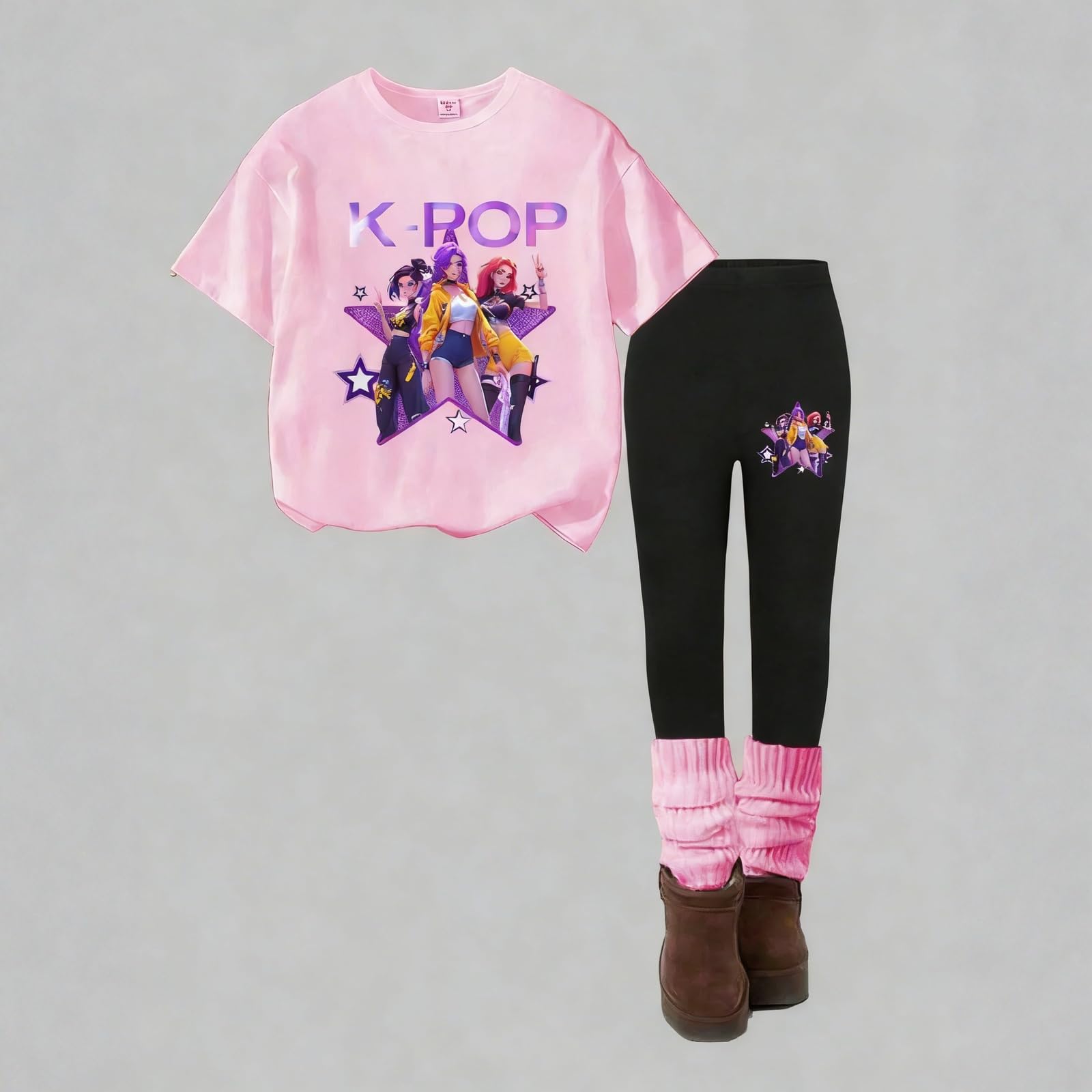 K Pop Short Sleeve T-Shirt and Pants Outfits Set for Girls Hunters Cute Girl's Anime Graphic Tees De-Mon Kids — view 3