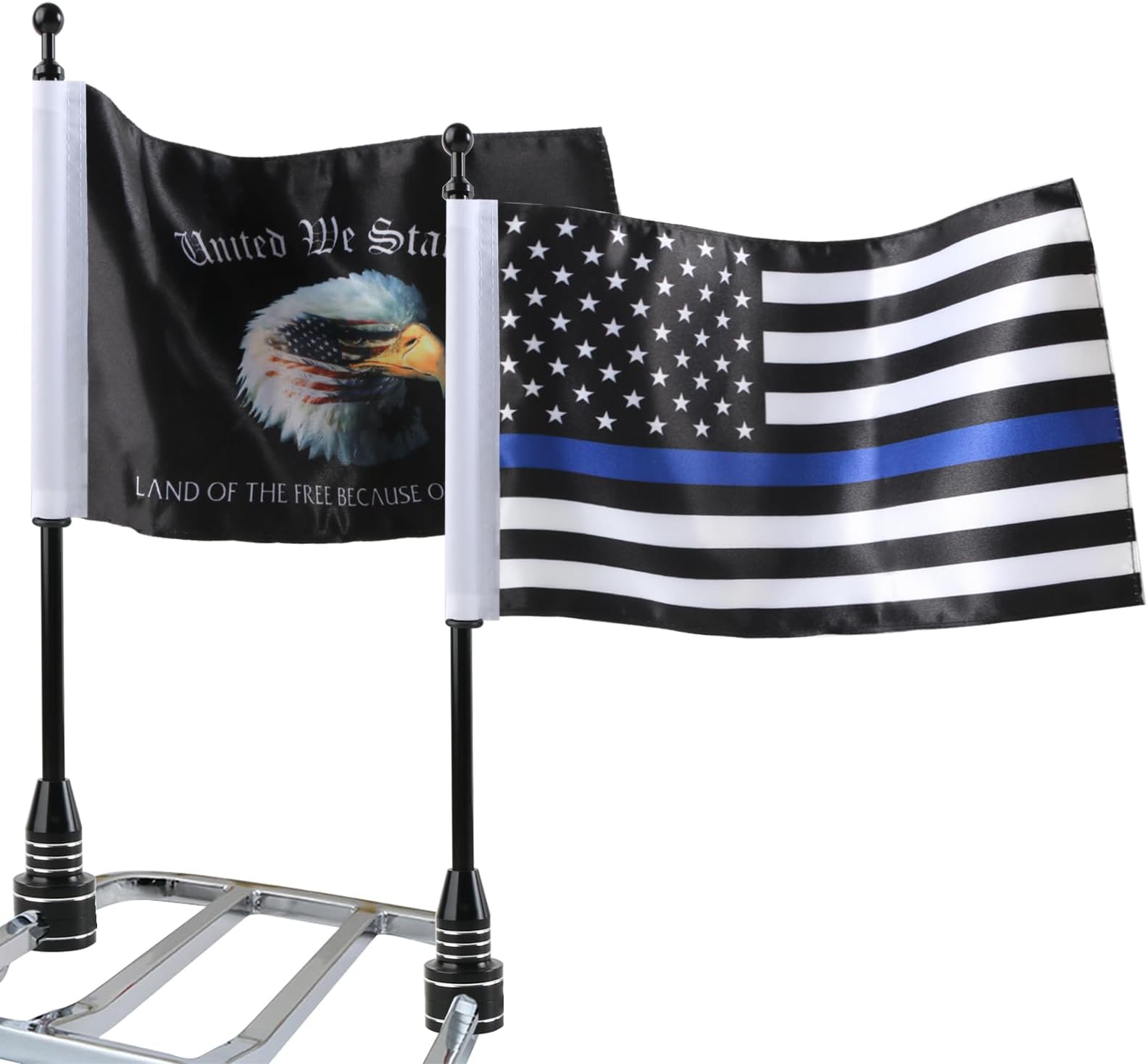 2PCS US flag & 2PCS blue liner US flag with 2PCS chrome flagpole