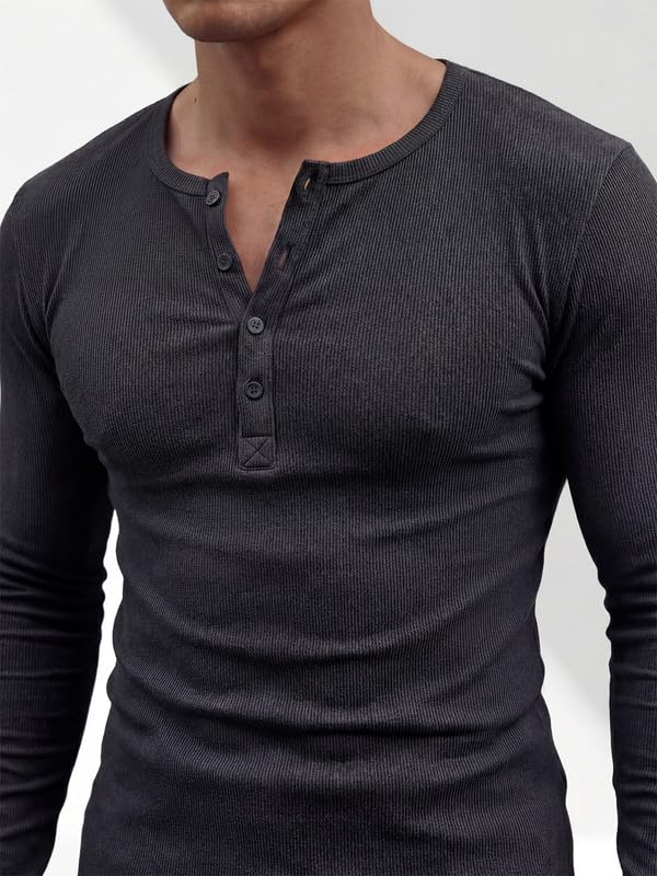 Image of FUGAZEE 100% Cotton Charcoal Muscle Fit Ribbed Henley Longsleeve T-Shirt