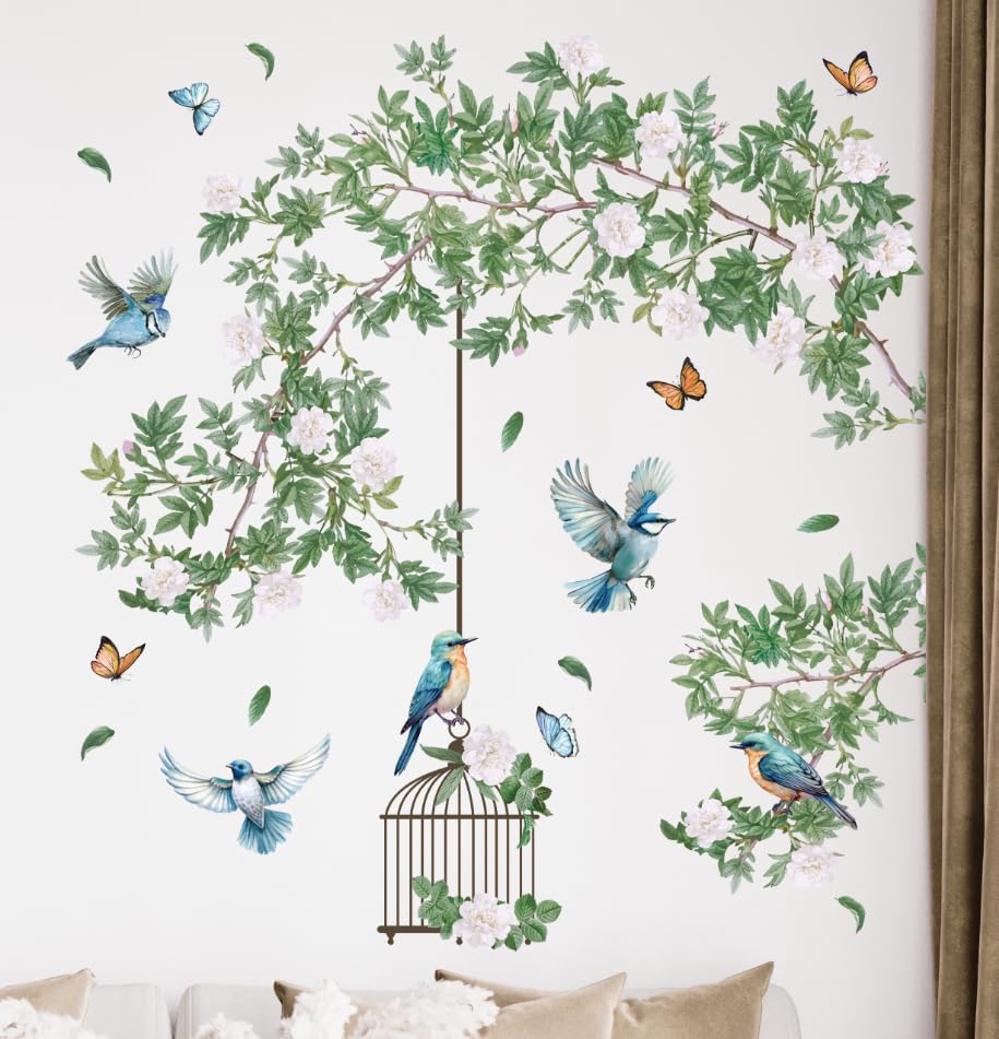 HPUINB Green Plants Birds Wall Stickers for Bedroom,Green Leaf Tropical Plants Wall Art Stickers for Living Room,Removable Palm Tree Leaves Wall Mural
