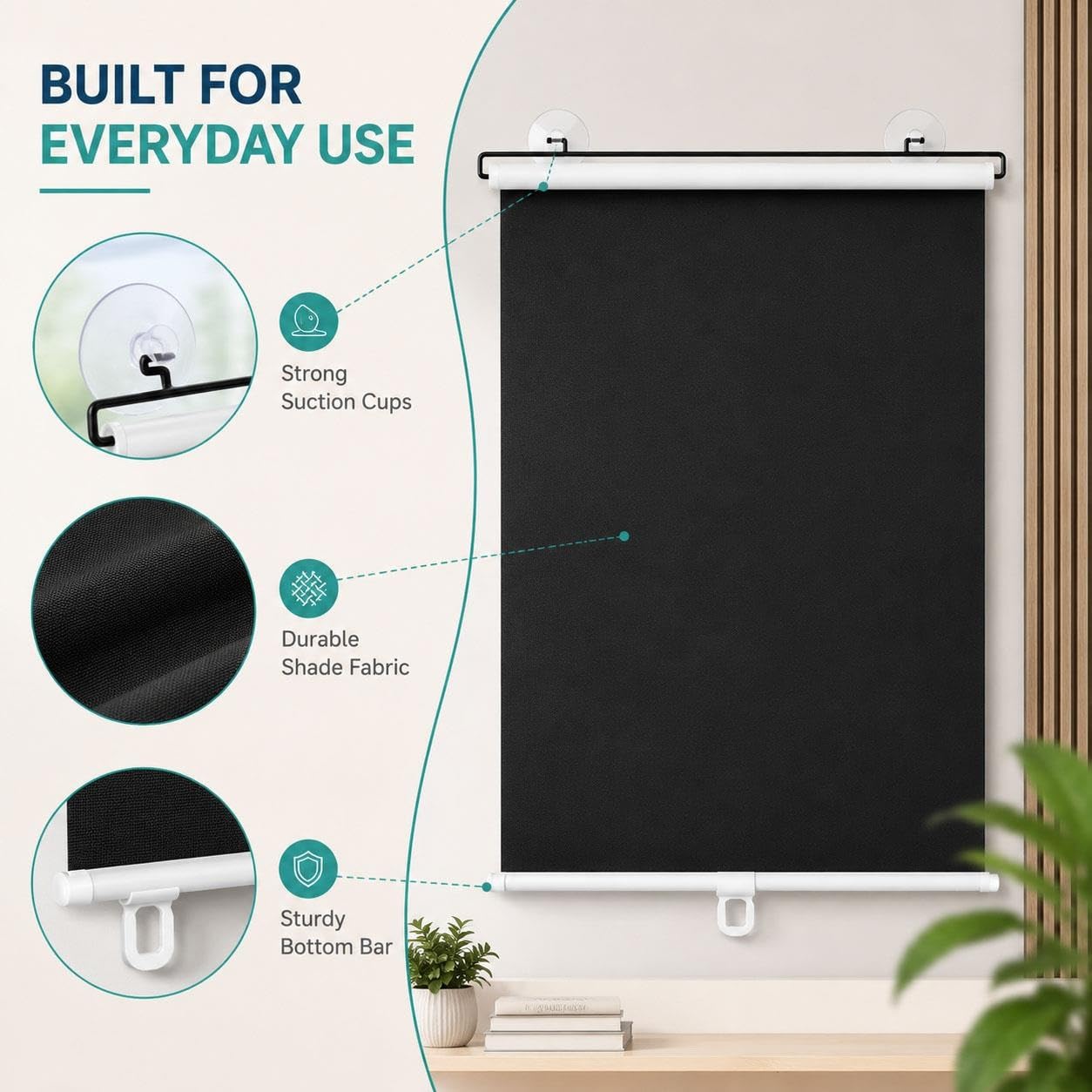 Estor Opaco Sin Taladrar para Ventana, Fijación con Ventosas, Enrollable Retráctil de Bajada, Privacidad para Dormitorio, Oficina, Autocaravana, Piso, Interior, Negro(W 70 x 180 cm)