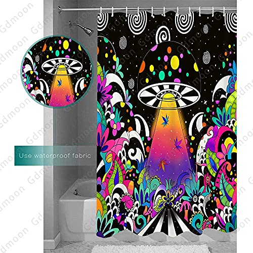 Gdmoon Psychedelic Mushroom Shower Curtain Funny Spaceship Ufo Bright Color Trippy Hemp Leaf Weed Circle Pattern Stars Fantasy Galaxy Colorful Art Bathroom Curtain Set With 12 Hooks 60X72In Ylwhgd1815 #TOP4