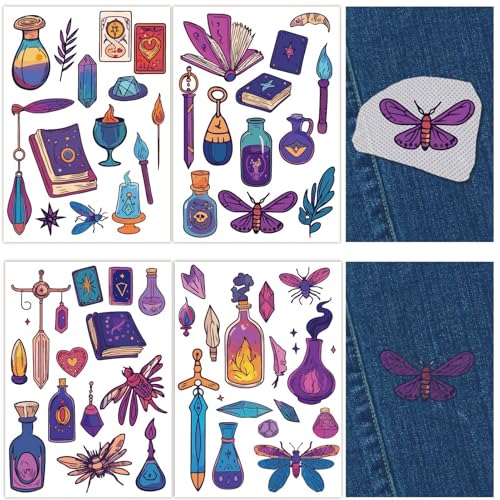 CRASPIRE 4 Sheets Tarot Magic Books Water Soluble Embroidery Patterns Boho Crystal Moth Sewing Stick and Stitch A4 Transfers Fabric Stabilizers Wash Away Pre-Printed Self Adhesive for Cloth DIY Lover