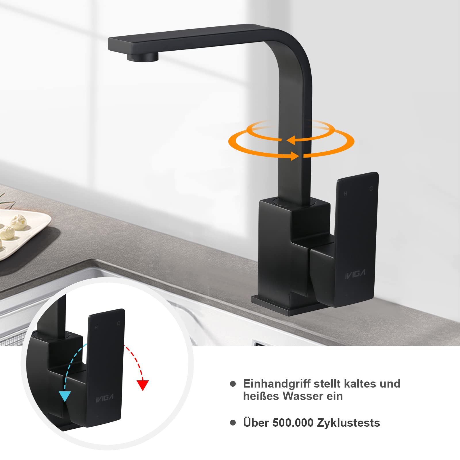 iVIGA rubinetto cucina, miscelatore lavabo girevole 360° Miscelatore cucina in acciaio inox con 2 tubi, miscelatore, lavabo con cartuccia in ceramica adatto per bagno, cucina, casa mobile