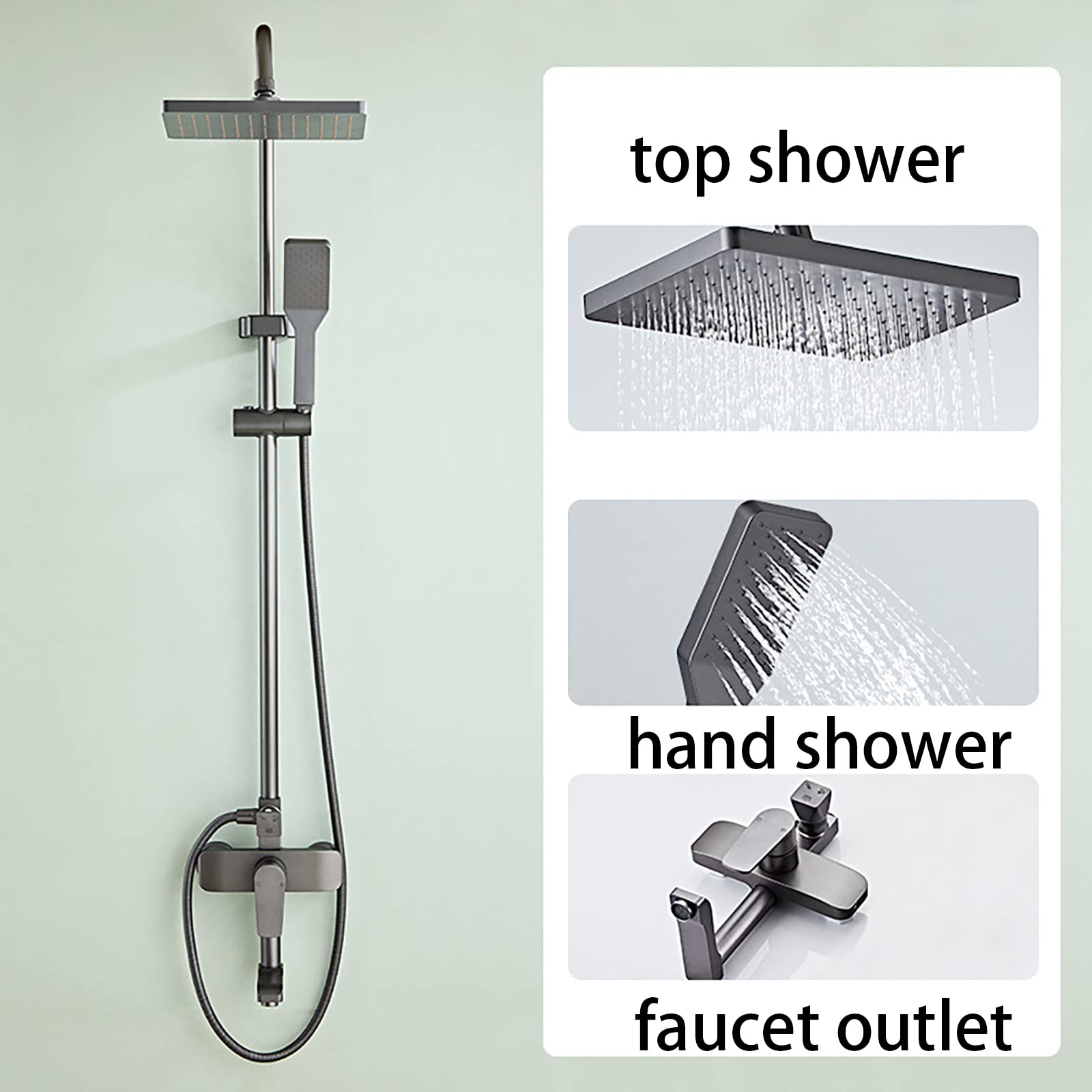 Juegos de grifos de Ducha, grifería de Ducha Gris, Cabezal de Ducha de Lluvia de 25 x 17 cm, Sistema de Ducha de Pared con Ducha de Mano y caño de bañera.