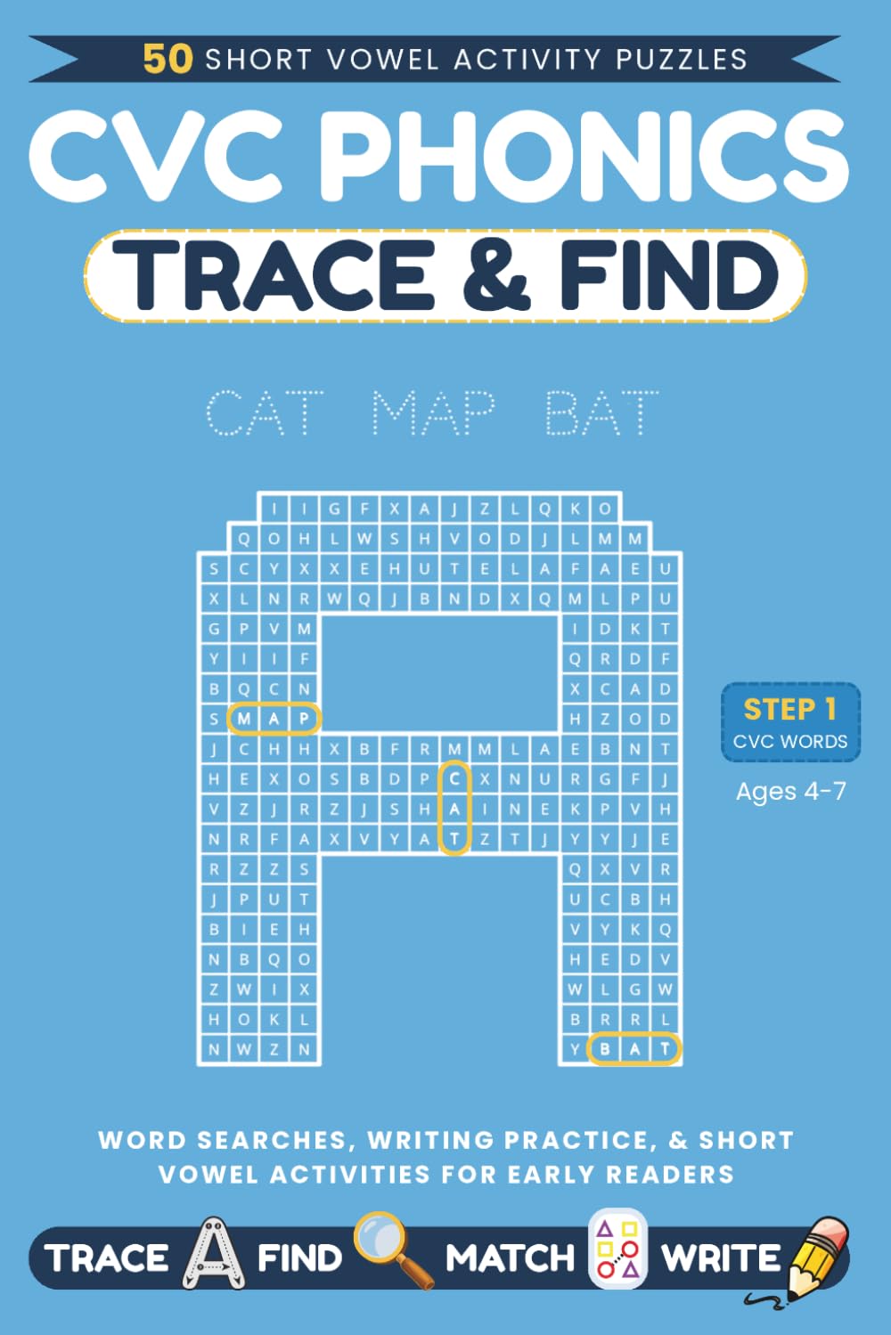 CVC Phonics Trace & Find: Word Searches, Writing Practice, & Short Vowel Activities for Early Readers