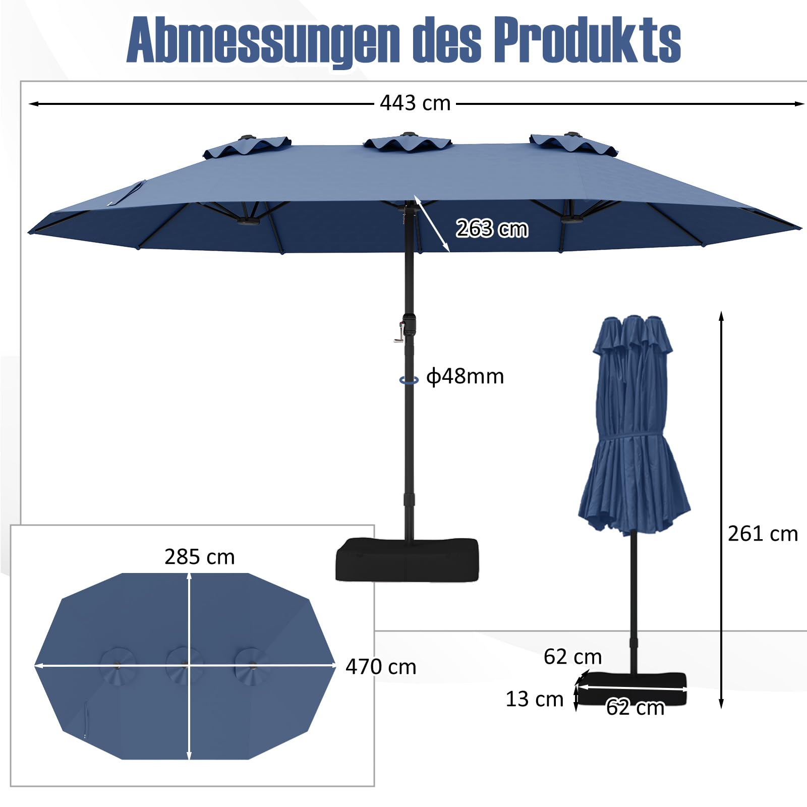 RELAX4LIFE Sombrilla Doble de 470 x 285 cm, Sombrilla Terraza Exterior con Manivela, Base, 2 Sacos de Arena y 12 Varillas, Parasol Impermeable con Protección UV para Jardín, Patio y Playa