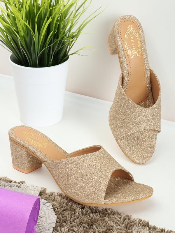 Image of DIPYO Women's Stylish Golden Block Heel Slip-On Open-Toe Sandals Comfortable & Fashionable For Wedding & Party