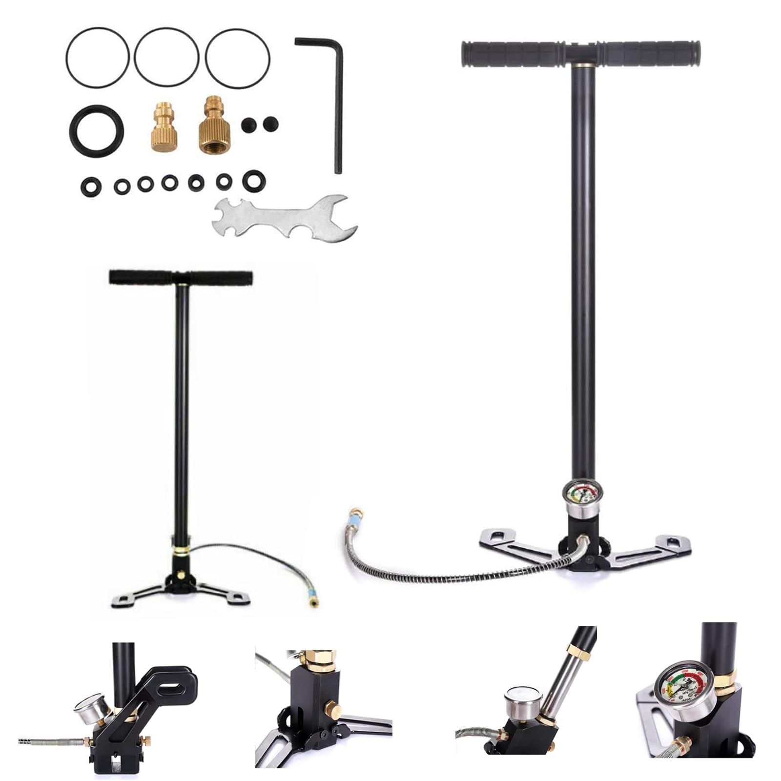 High Pressure 3 Stage Stirrup Pump Hand Pump, 4500PSI Bike Pump with Pressure Gauge, Portable Air Gun Rifle Filling Pump with Filter Gauge Valve Hose for PCP Cylinder Airgun, Scuba Tank, Cars, Bicycle