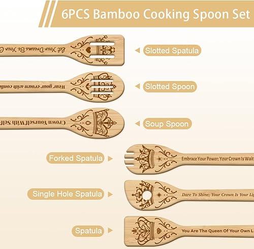 Miniatura 2 de GLOBLELAND Juego de 6 cucharas de cocina de bambú con corona de rey y reina, juego de cucharas de cocina grabadas de madera, juego de espátulas de