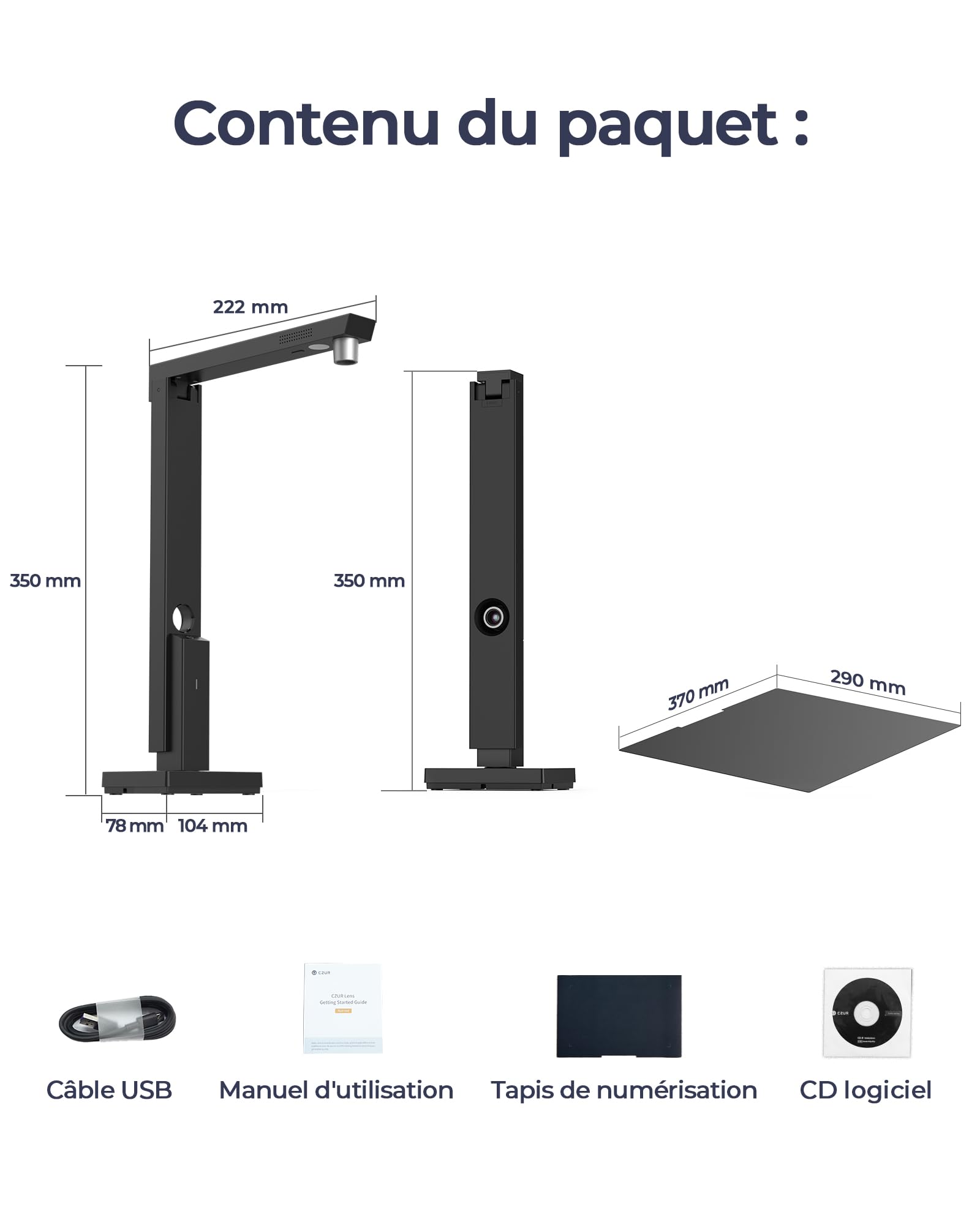 CZUR Lens1200 Pro 12MP Scanner de Documents Portable, Caméra de Documents USB, Numérisation Rapide 1 s/Page, Format de Capture A4, OCR Facile à Utiliser, Scanner Mobile, pour Mac et Windows