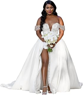 Off Shoulder Wedding Dresses Crystals Beaded Bridal Dress with Slit Sweetheart Satin Bride Wedding Gown