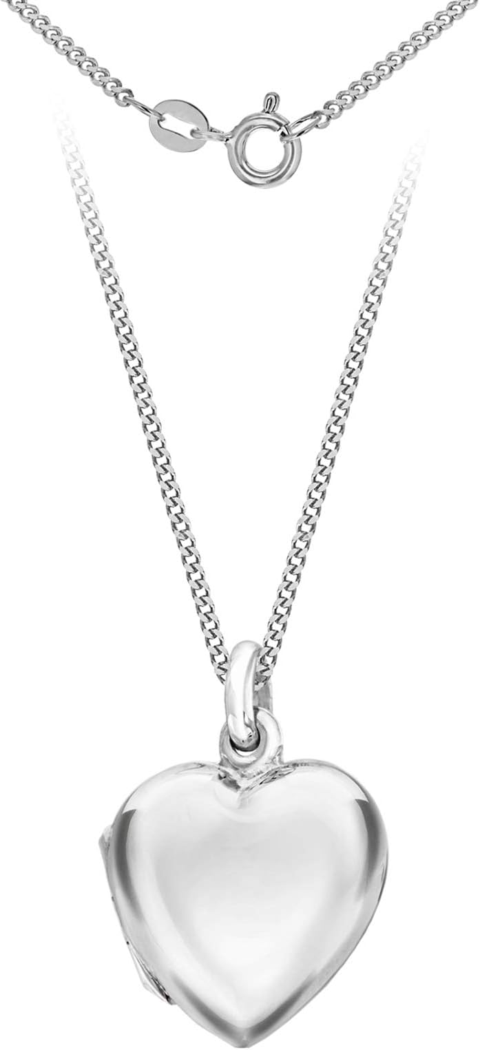 Women's Sterling Silver Heart Locket Pendant on Curb Chain of 46cm/18