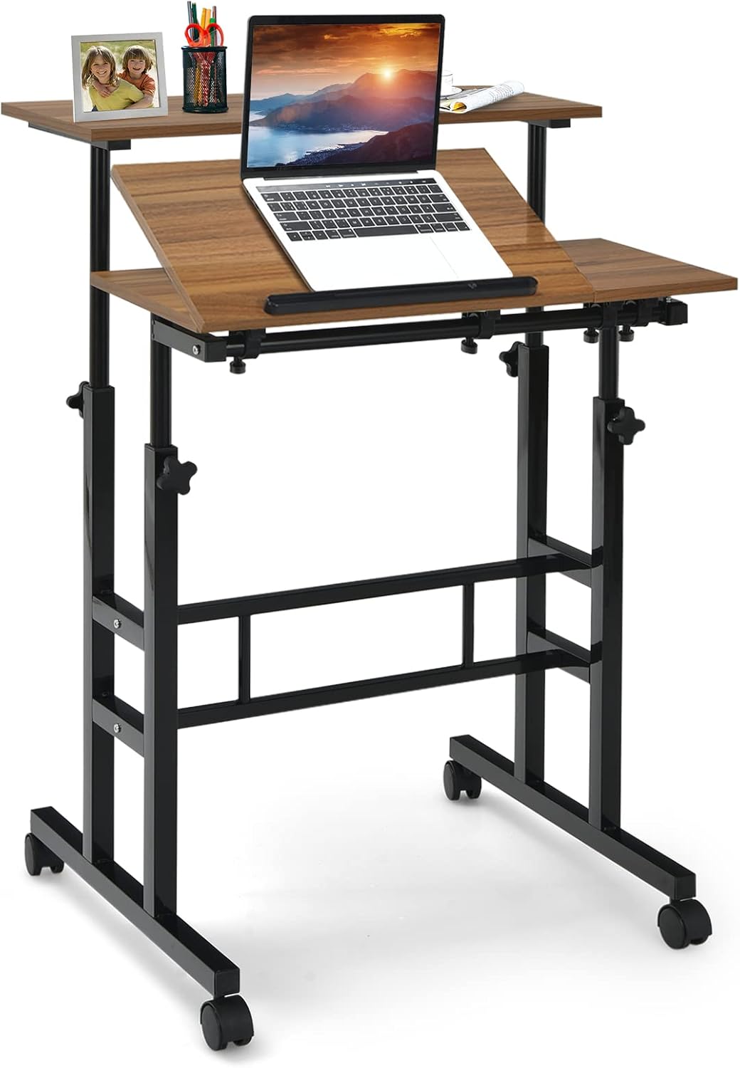 COSTWAY Mobile Standing Desk, Laptop Cart with FlipOver Desktop, Overbed Table with Wheels