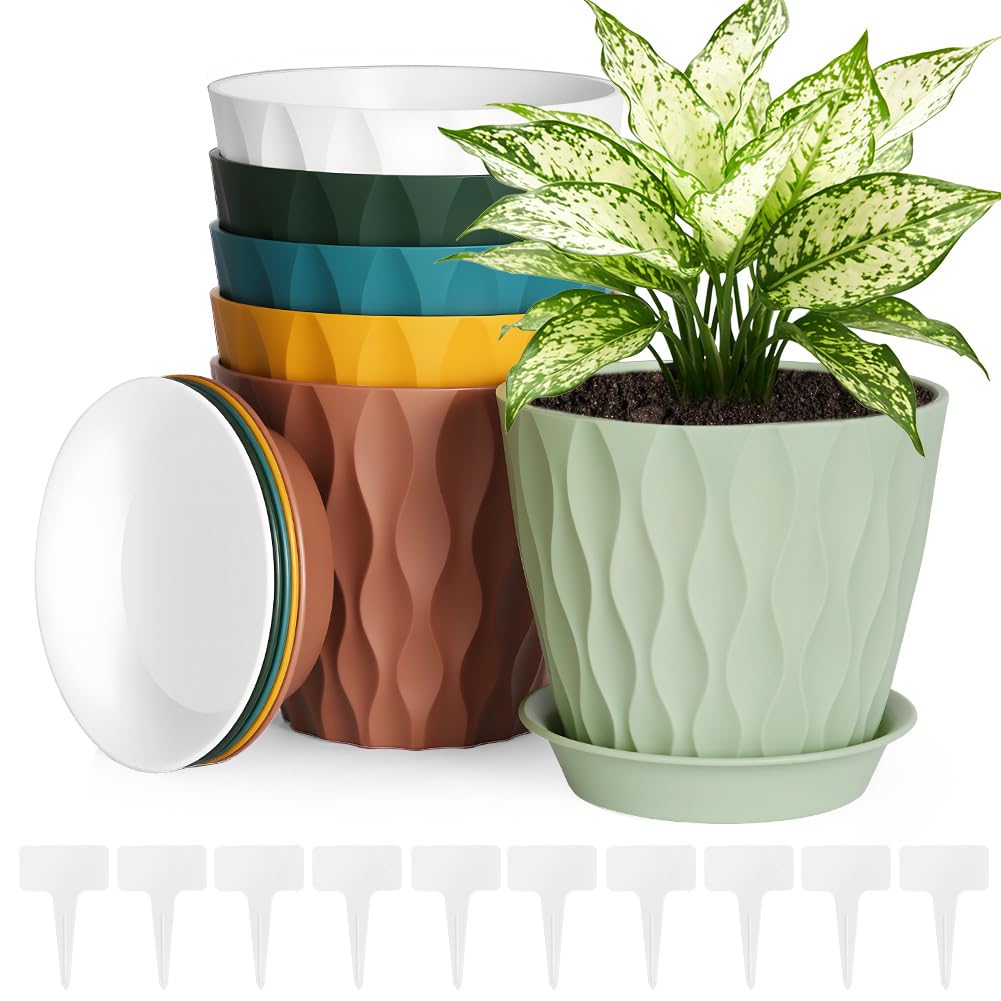 vsshe Plant Pots, 6 Pack 12.5cm Plastic Flower Pots with Drainage Holes and Saucers, 3D Modern Wave Texture, Modern Decorative Planter Pot, Indoor Outdoor Planter for Monstera Geranium All House Plant