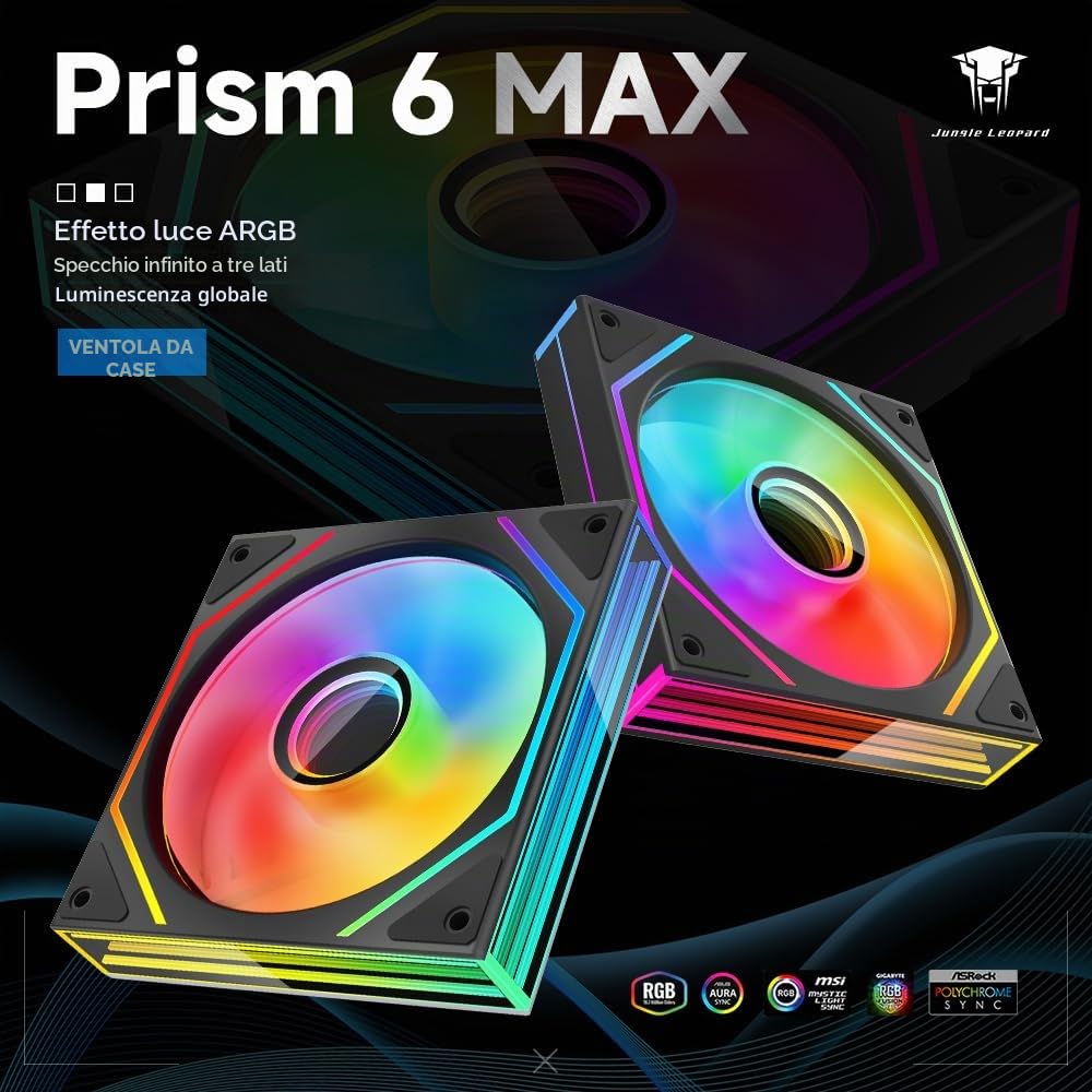TZMRIT Prism 6MAX Reverse Blade RGB PC Ventola 120 mm 3 pezzi [Rettangolo Infinity Mirror MAX] [1850±10% RPM] 5V3PIN ARGB e 12V4PIN PWM Ventola Nero