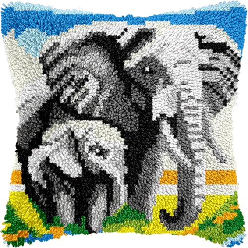 Image of veirousa Elephant Latch Hook Kits for Adults, Beginners DIY Hooked Pillow Kit Pre-Printed Pillowcase Hook and Latch Rug Kits Cross-Stitch Cushion Cover for Home Sofa Decoration 17x17 inch