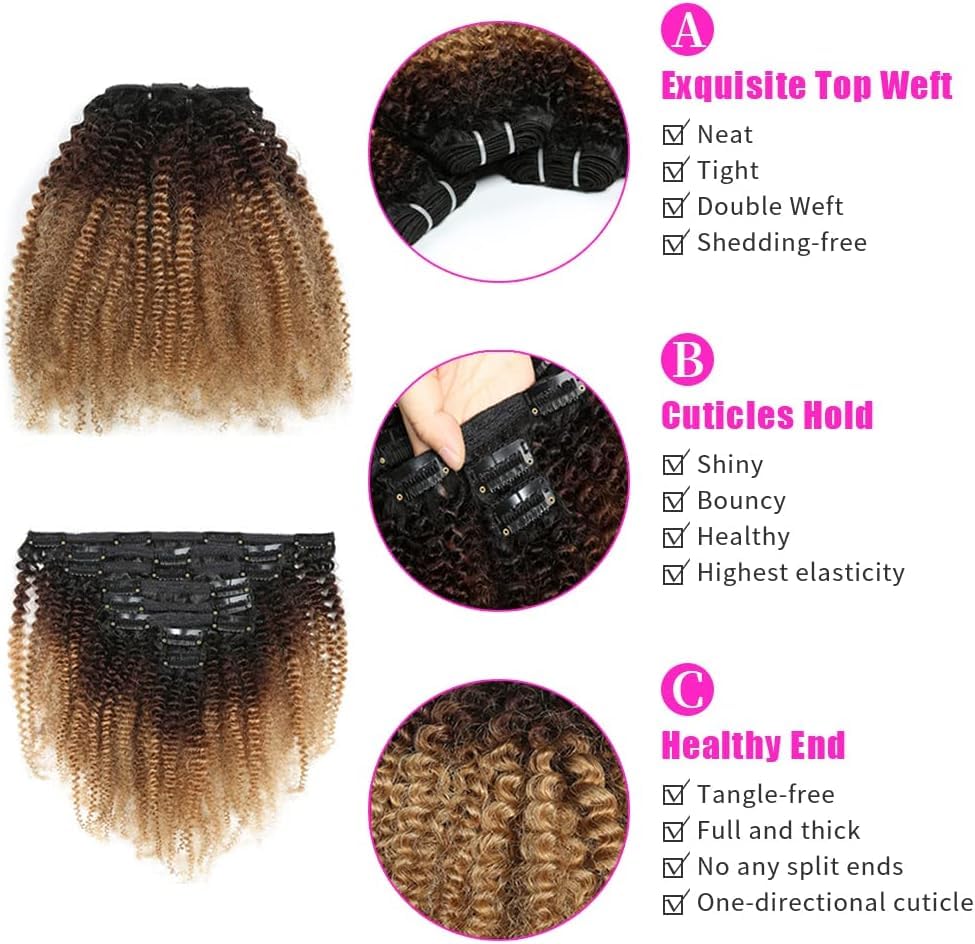 12 Inch Afro Kinky Curly Clip in Hair Extension 8Pcs/Set including 18 Clips 8A Virgin Human Hair Clip in Extensions 120 Grams/Set(T1B-4-27#) - Image 3