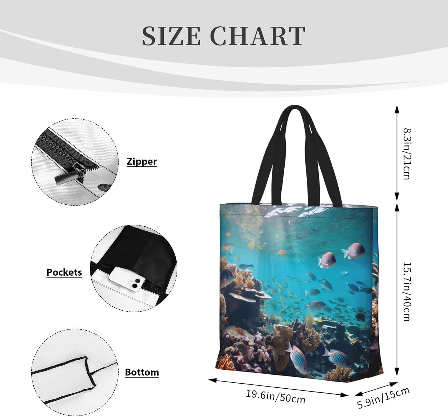 Sea Fishes Print Eco-Friendly Tote Lightweight Grocery Bag Daily Commuting Travel Beach Gym Use
