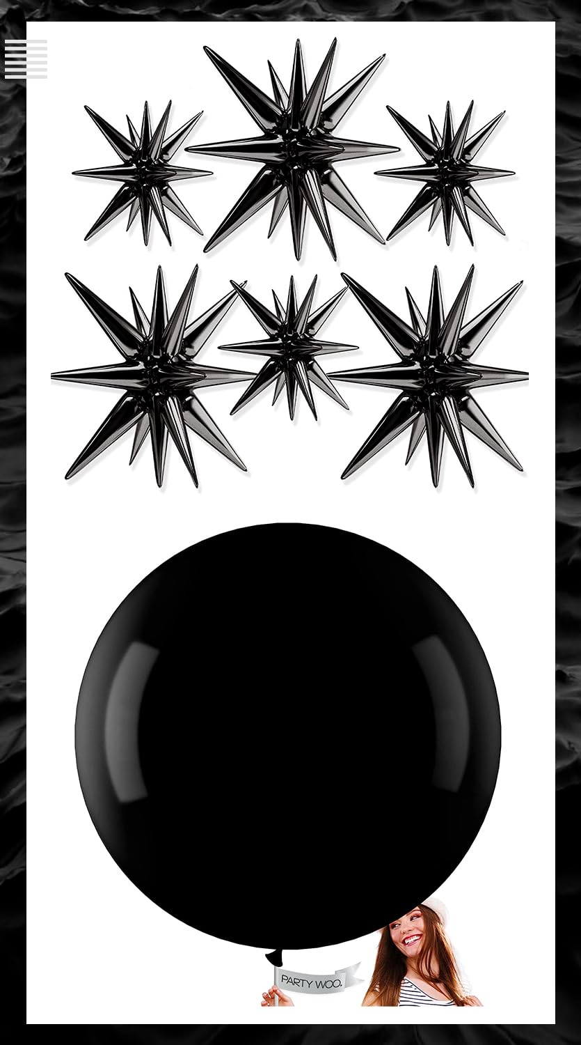 PartyWoo Black Large and Star Balloons 4 pcs 36 Inch Big Jumbo Giant Latex and 6 pcs 27 22 Inch Large Spike Starburst Foil Mylar Balloons for Graduation Halloween Birthday Party Decorations Black-Y18