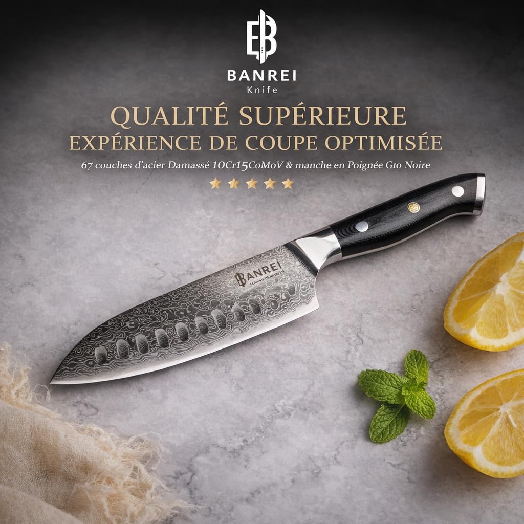 Couteau Santoku Japonais 13cm – Lame Brut de Forge – Acier Damas 67 Couches 10Cr15CoMoV 62HRC – Couteau Cuisine Ultra-Tranchant – Manche G10 Noir & Coffret Cadeau Premium