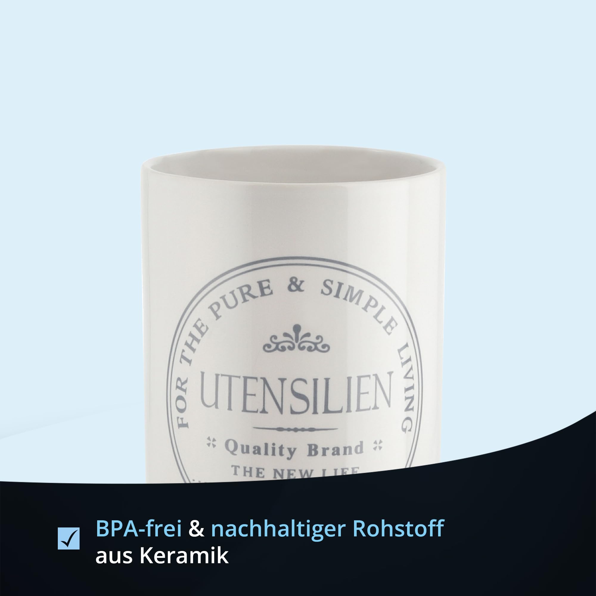 KHG Utensilienhalter Keramik Steingut Weiß, Behälter für ca. 8 Küchenutensilien & Kochlöffel, Oberfläche glänzend glasiert Emaille, BPA-frei, beschriftet, Durchmesser 10 cm, Höhe 14 cm