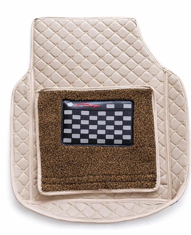 Image of Universal Car 7D Floor Mats for 5-Seater Cars | Premium PU Leatherette Car Foot Mats | Anti-Skid, Waterproof, Easy to Clean | Beige | Set of 3