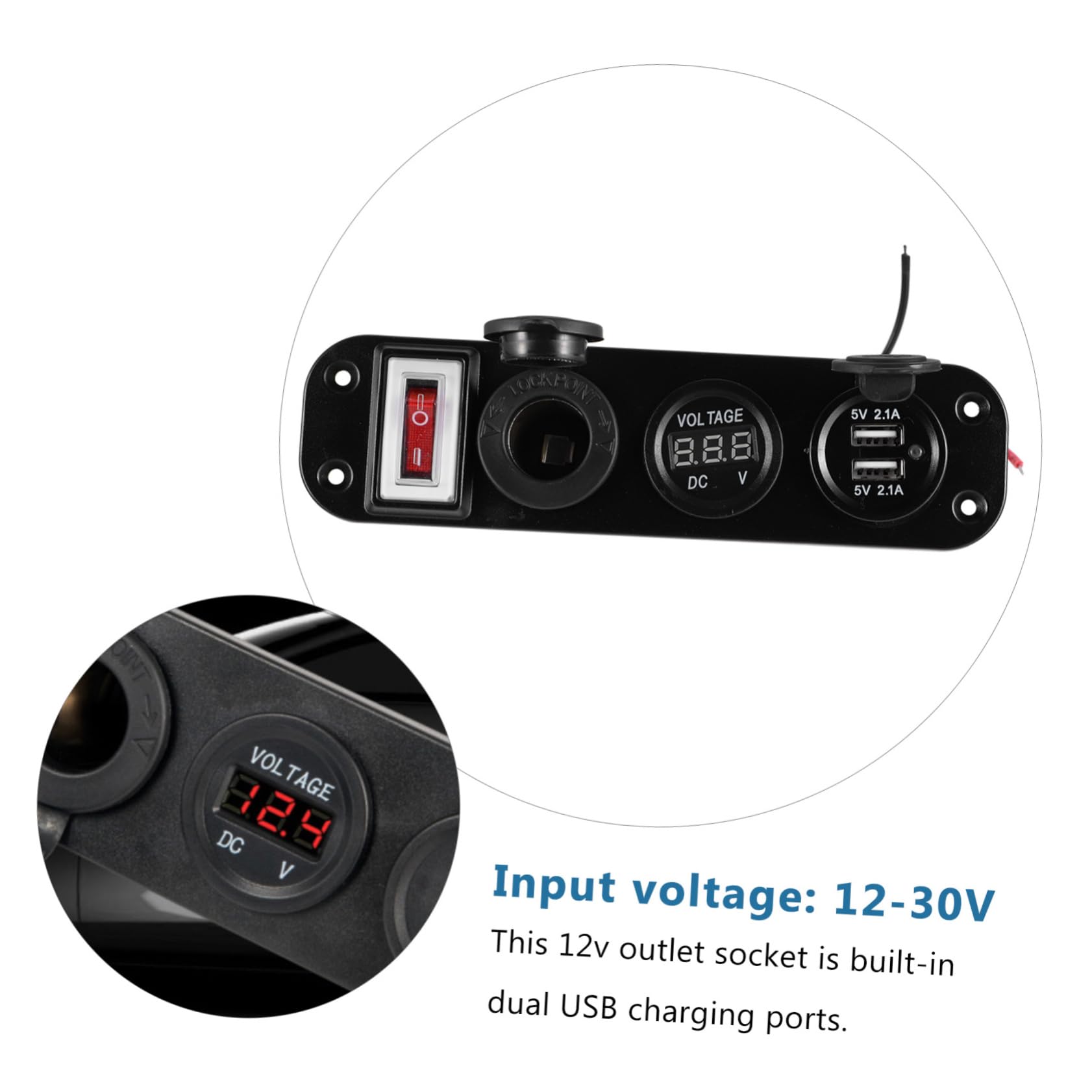 Panel Cargador de Coche Voltímetro Digital Azul, Tres Tomas de Mechero y Doble Puerto USB, Entrada 12-30v y Salida 5v para Carga Rápida en Vehículo