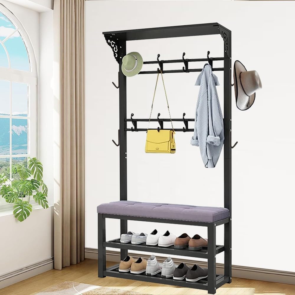 MYUYEE Coat Rack With Bench, Multifunctional Coat Rack With 12 Hooks, Metal Frame Clothes Rack For Hallway, Bedroom, Living Room 80/100X30X172Cm(100Cm A-A)