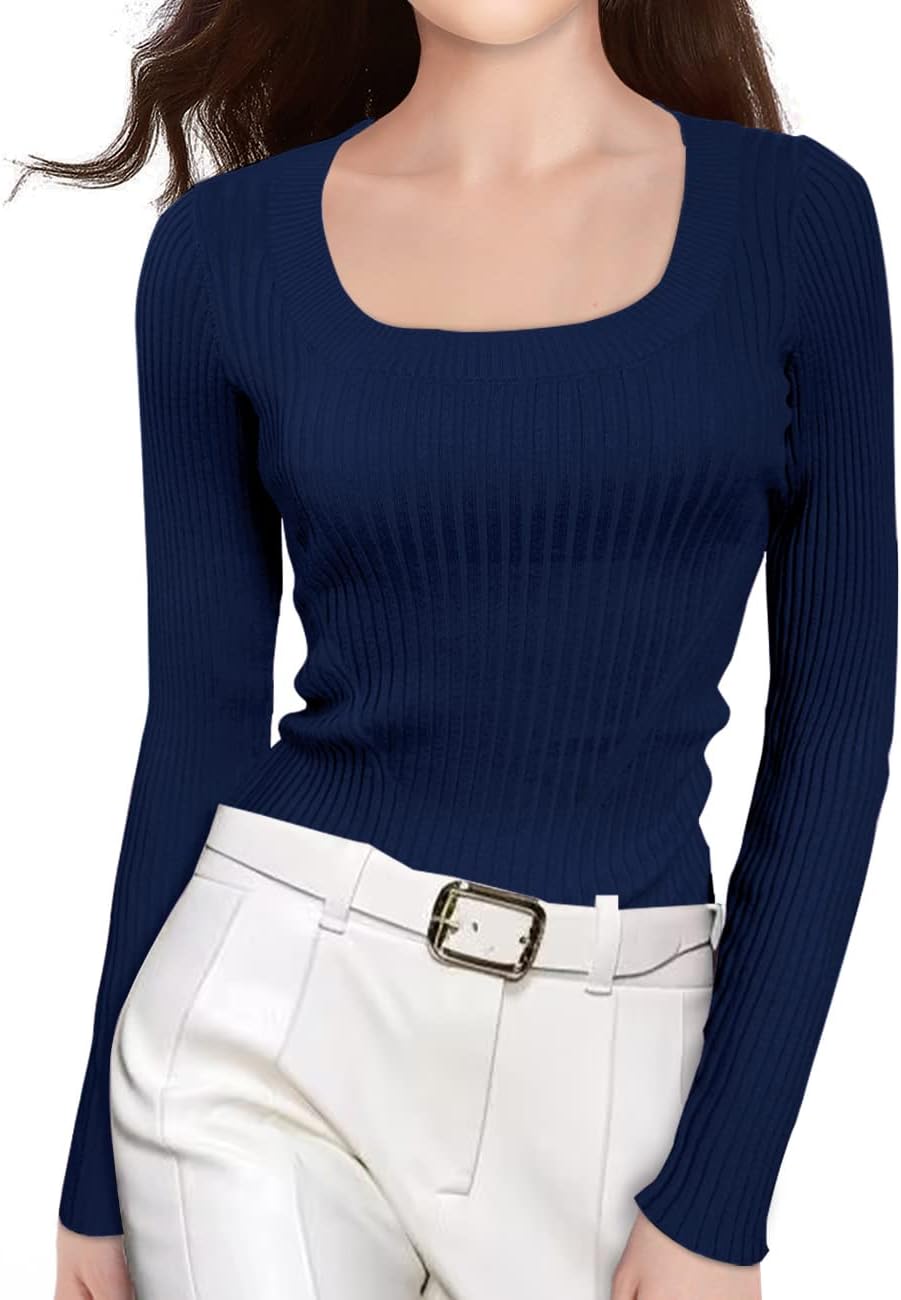 v28 Women Scoop Neck U-Neck Knit Long Sleeve Slim Fit Ribbed Sweater Tops - Image 5