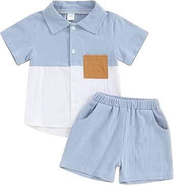 fhutpw Toddler Boy Patchwork Summer Outfits Short Sleeve Button Down Shirt Tops &amp; Casual Shorts Sets Baby 2T 3T 4T 5T Clothes