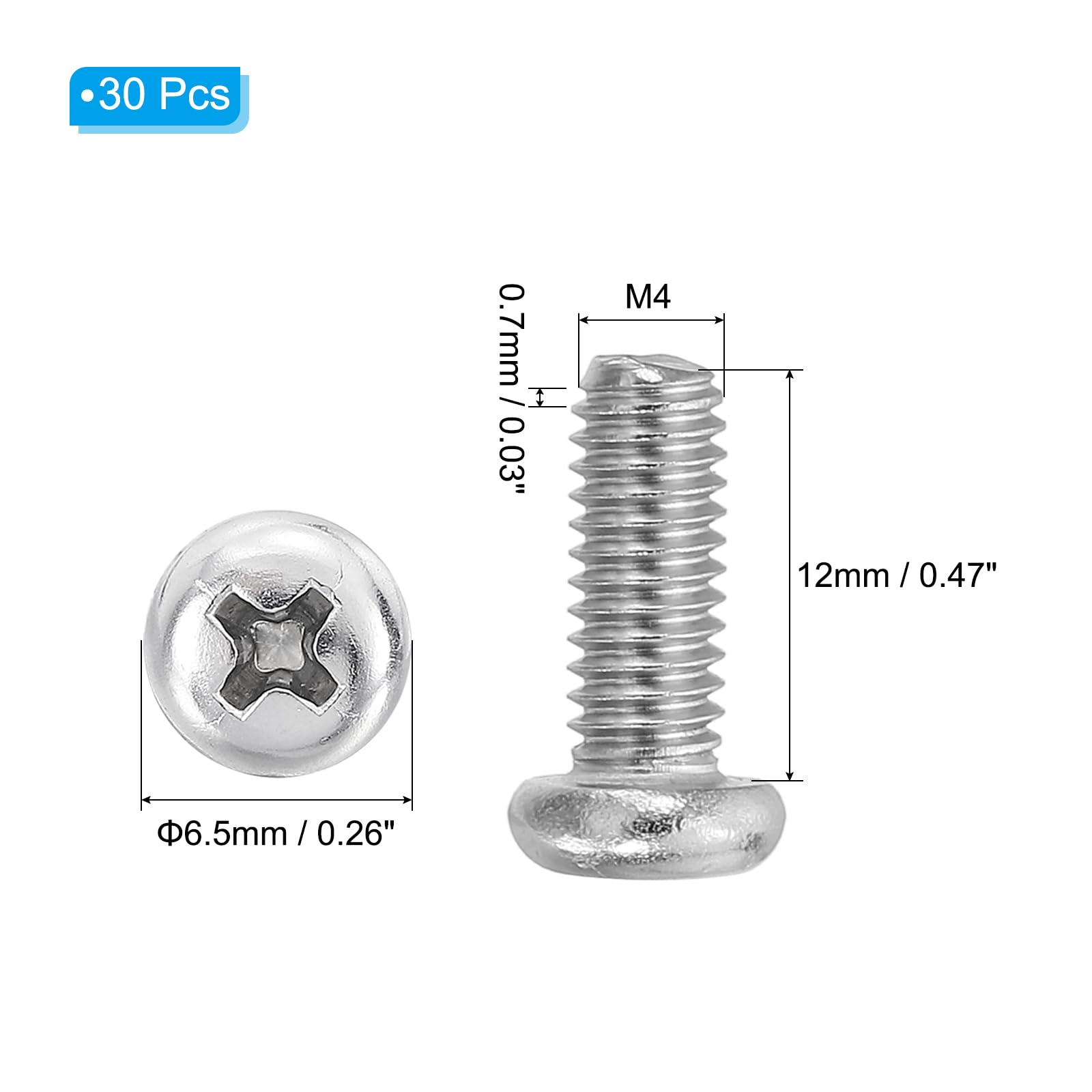 PATIKIL Phillips Pan Head Screws, 30 Pack M4-0.7 x 12mm 304 Stainless Steel 18-8 Full Thread, Pan Head Machine Phillips Drive Screw - Image 2
