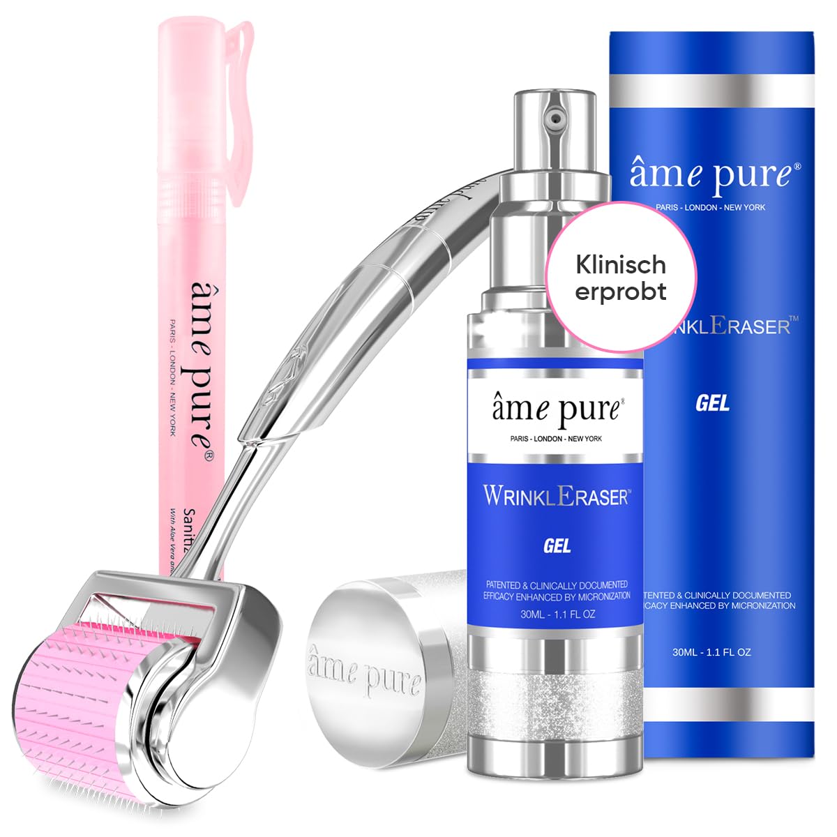 âme pure® WrinklEraser Basic SET 100% natürliche Mikronadelroller-Behandlung gegen Falten (Dermaroller 0.5mm + Gel + Desinfektionsmittel)
