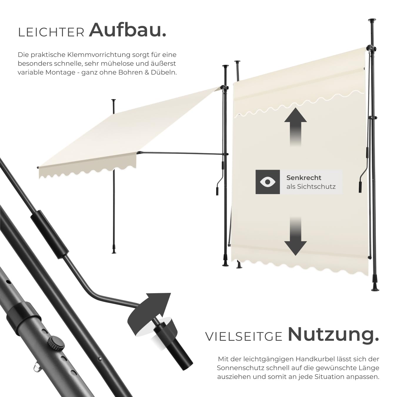 tectake® Klemmmarkise mit Handkurbel, Balkon Markise ohne Bohren, Markise höhenverstellbar, UV-beständig, wasserabweisend, Terrassenüberdachung, Sonnenschutz Terrasse & Balkon, Breite 200 cm - beige
