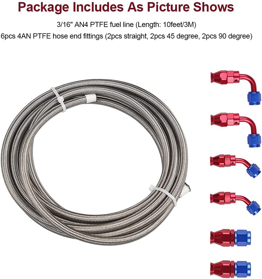 WATERWICH Fuel Line Hose 4AN 1/4" PTFE E85 10FT Fitting Kit Stainless Steel Braided Silver