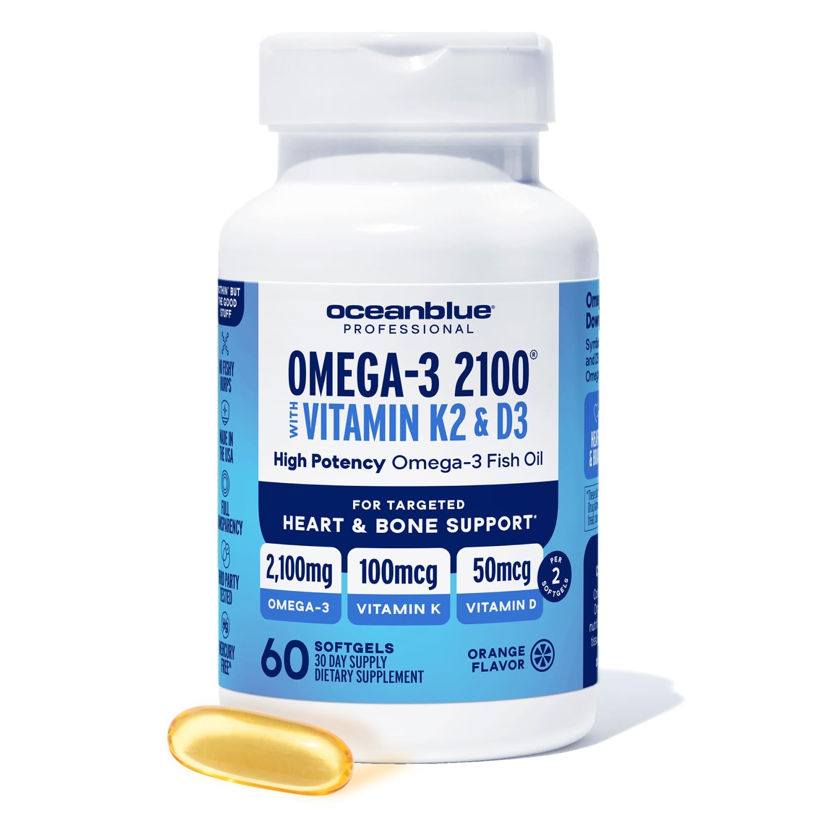 Oceanblue Professional Omega-3 2100 with Vitamin K2 and Vitamin D3-60 Count - Triple Strength Burpless Fish Oil Omega-3 Supplement with EPA, DHA & DPA - Wild Caught - Orange Flavor, 30 Servings