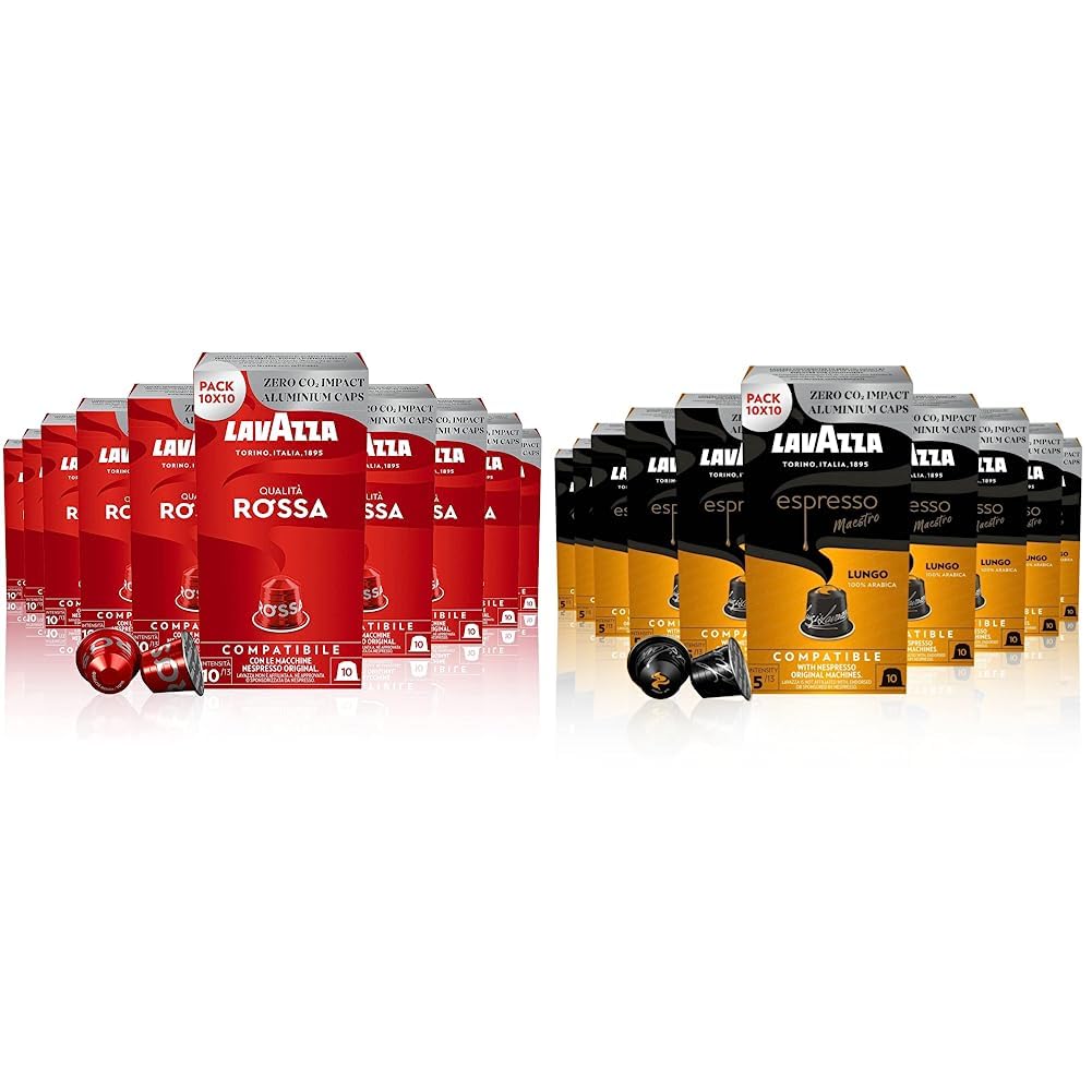 Lavazza, Qualità Rossa, 100 Aluminium Coffee Capsules Intensity 10/13, Medium Roasting, 10 Packs & Espresso Maestro Lungo, 100 Aluminium Capsules Compatible with Nespresso Original Machines