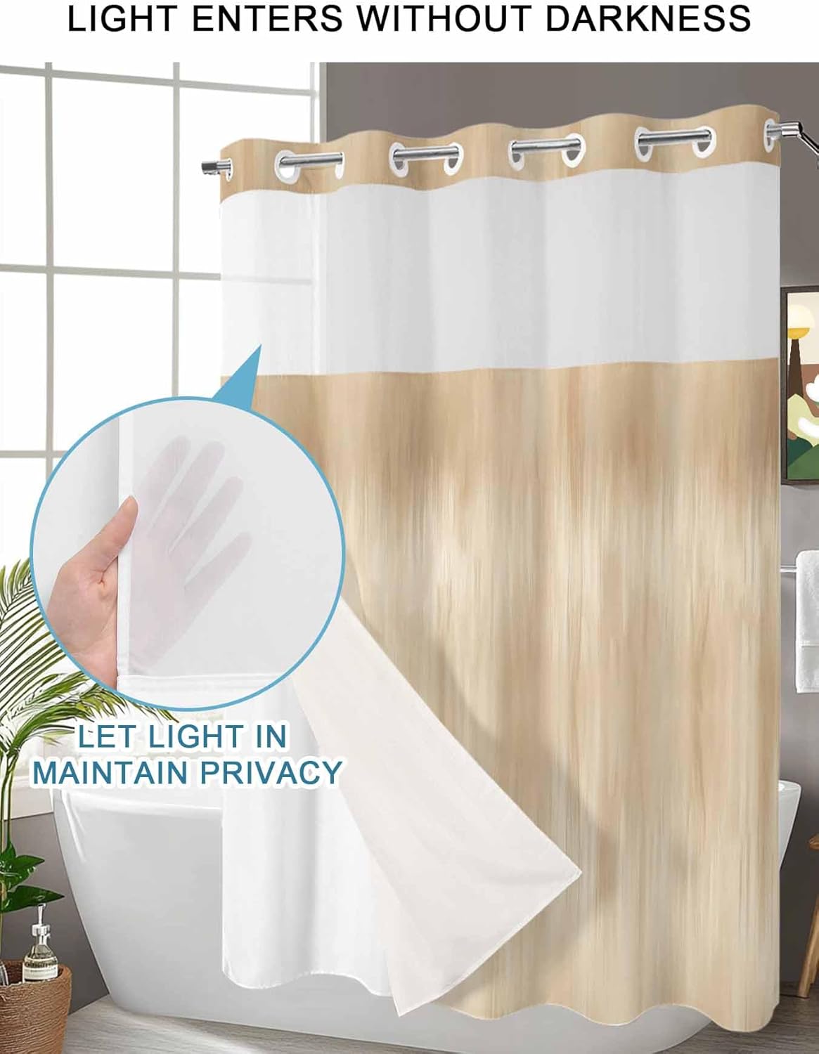 No Hook Shower Curtains with Snap-in Liner Set, Orange Brown Waterproof Hotel Style Bathroom Shower Curtain, Modern Abstract Art Ombre Striped Breathable Mesh Top Window Bath Curtains 66''x72''