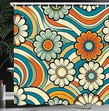Ambesonne Hippie Shower Curtain, Daisy Look Flowers on Abstract Groovy Style Waves Retro 60s 70s Vibes, Cloth Fabric Bathroom Decor Set with Hooks, 69' W x 70' L, Sea Blue and Burnt Orange