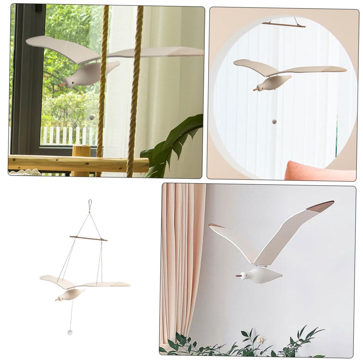 Decorazione da Appendere per Uccelli in Legno Bianco Corda di Canapa, Design Unico e Finitura Accurata, per Soggiorno e Celebrazioni in Casa