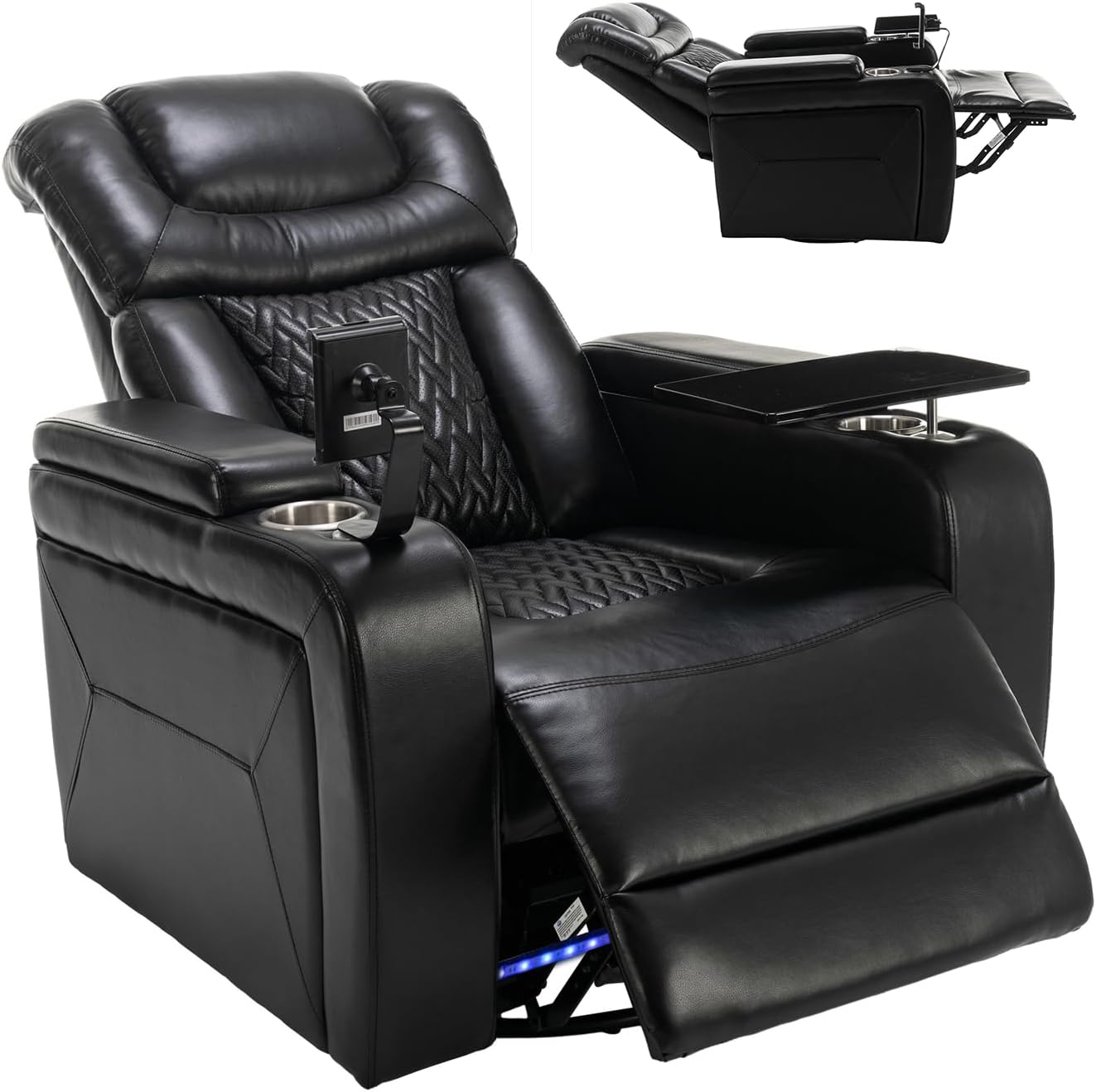 Power Recliner Chair - Home Theater Seating, PU Swivel Rocker Recliner with Hidden Storage & Cup Holders, Movie Theater Chairs with USB Port, Removable Tray Table & Phone Holder (Black)