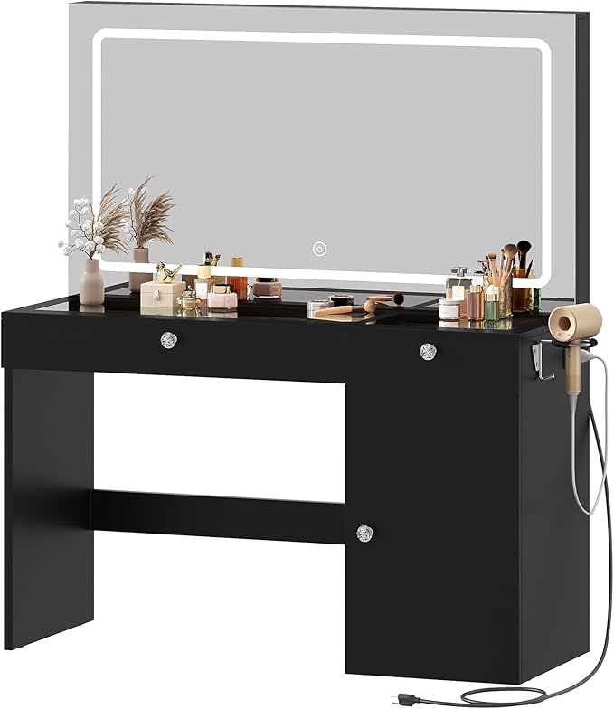 DWVO 47" W Vanity Desk with LED Light and Power Outlets, Large Makeup Vanity with Dividers and Hair Dryer Rack, 3 Level Storage Dresser Makeup Vanities Dressing Table for Bedroom, Black