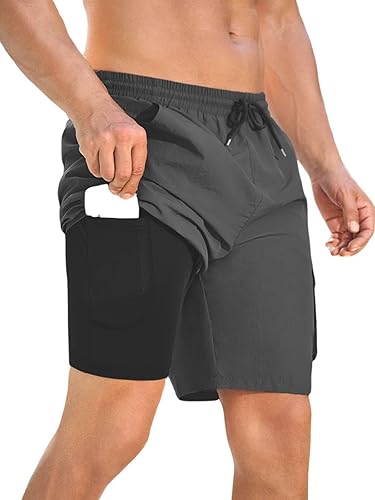 Mens Swim Trunks with Compression Liner Quick Dry 2 in 1 Swimming Board Shorts Swimsuit Bathing Suit with Pockets